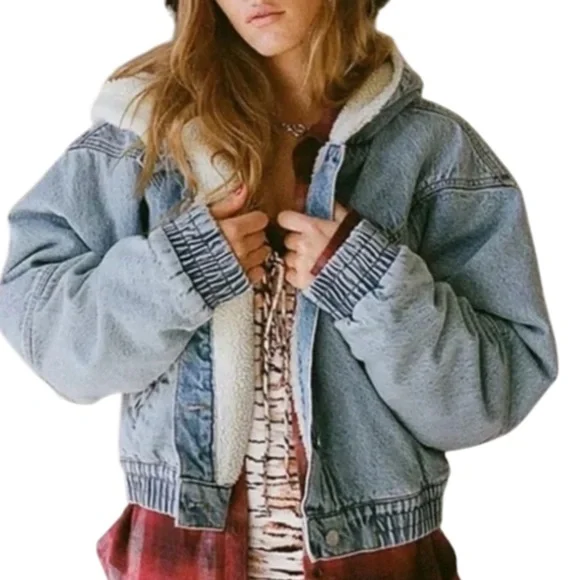 BDG Urban Outfitters Blake Denim Hooded Bomber Jacket Soft Sherpa Lining- Large - Picture 1 of 14
